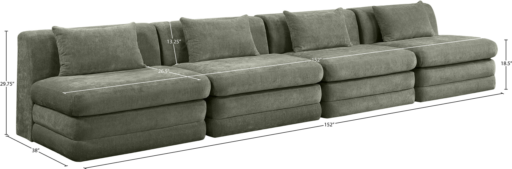 Newport Green 152" Chenille Fabric Upholstered 4-Piece Armless Modular Sofa - Ornate Home
