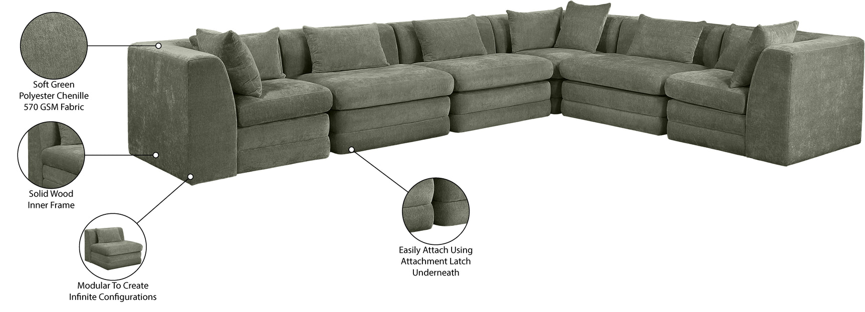 Newport Green 152" Chenille Fabric Upholstered 6-Piece L Shaped Modular Sectional - Ornate Home