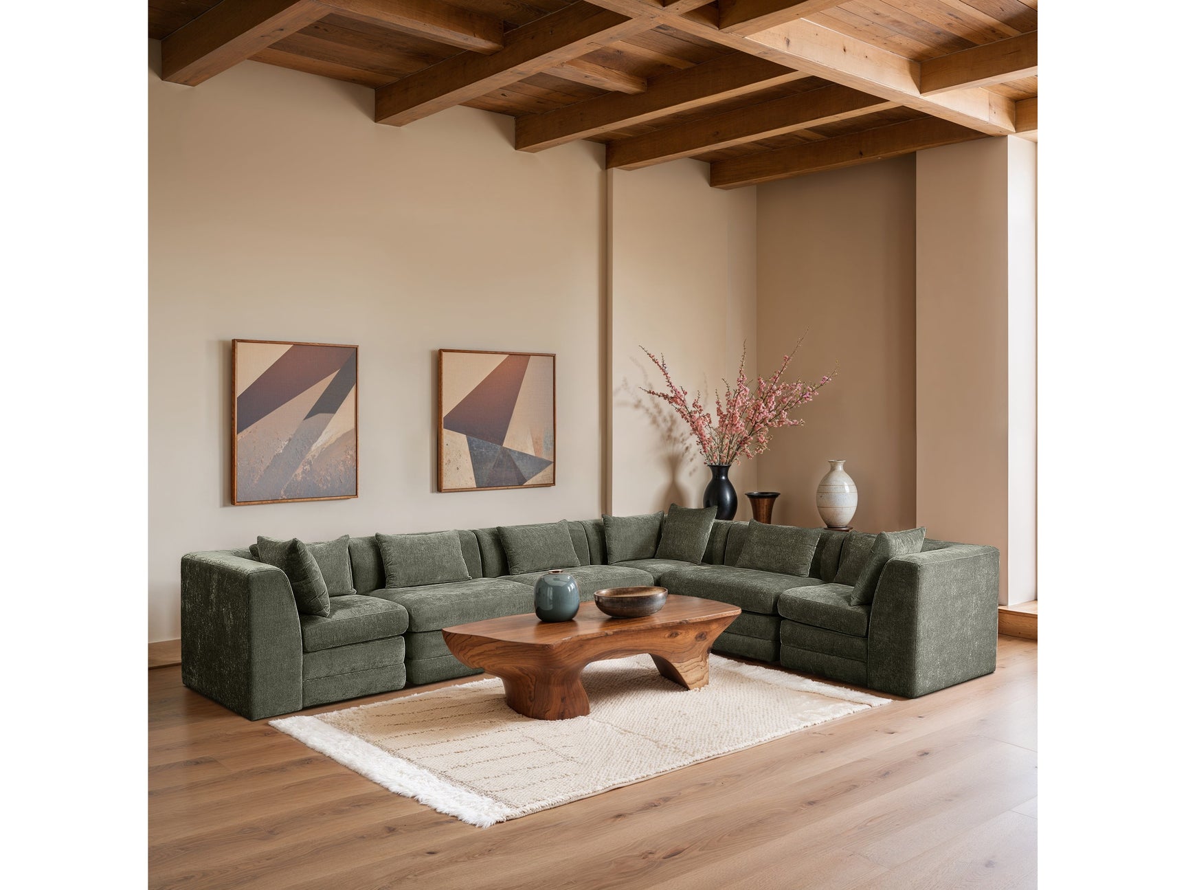 Newport Green 152" Chenille Fabric Upholstered 6-Piece L Shaped Modular Sectional - Ornate Home