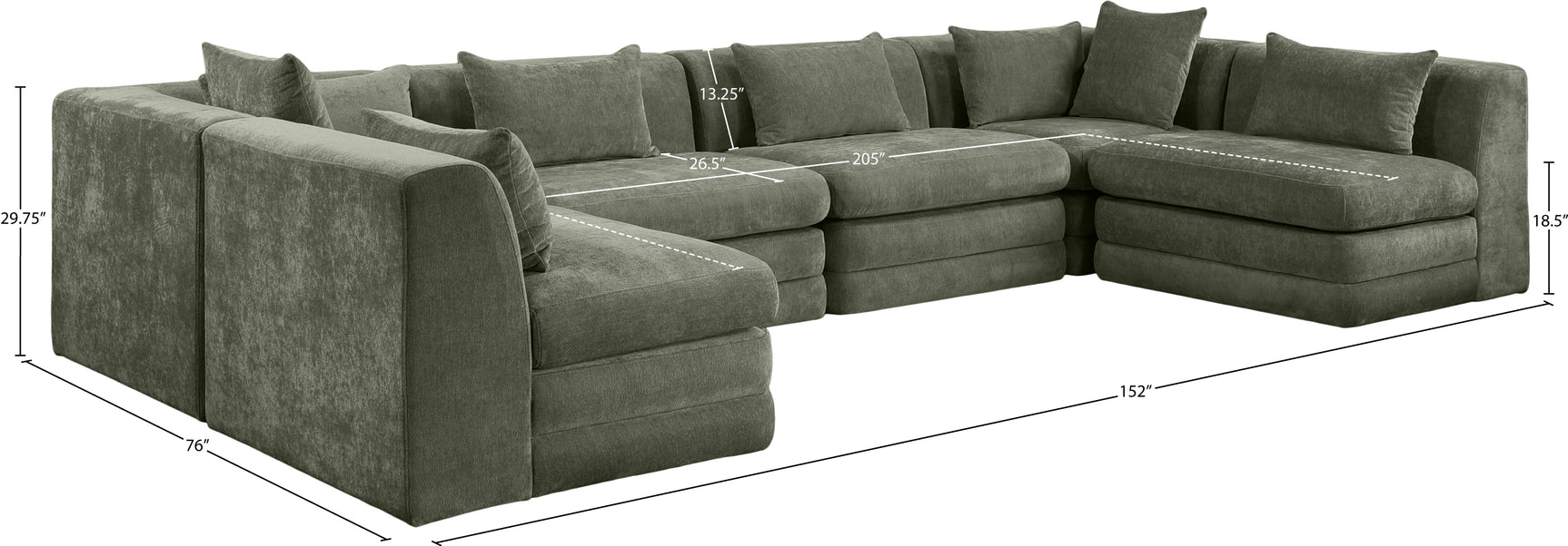 Newport Green 152" Chenille Fabric Upholstered 6-Piece U Shaped Modular Sectional - Ornate Home