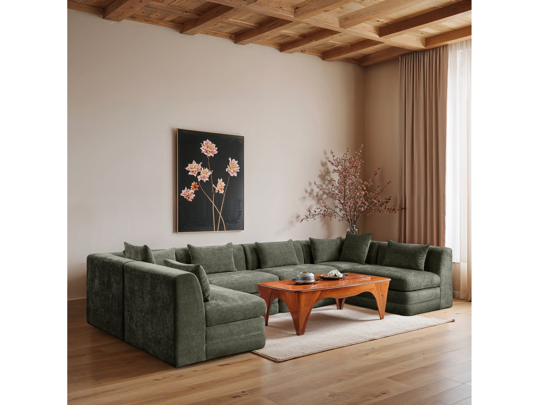 Newport Green 152" Chenille Fabric Upholstered 6-Piece U Shaped Modular Sectional - Ornate Home