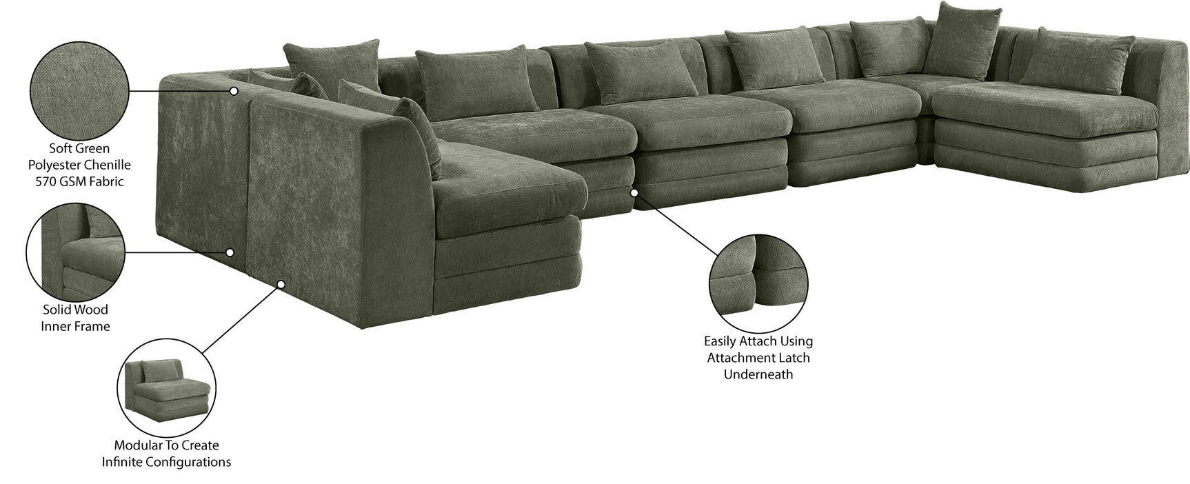 Newport Green 190" Chenille Fabric Upholstered 7-Piece Modular Sectional - Ornate Home