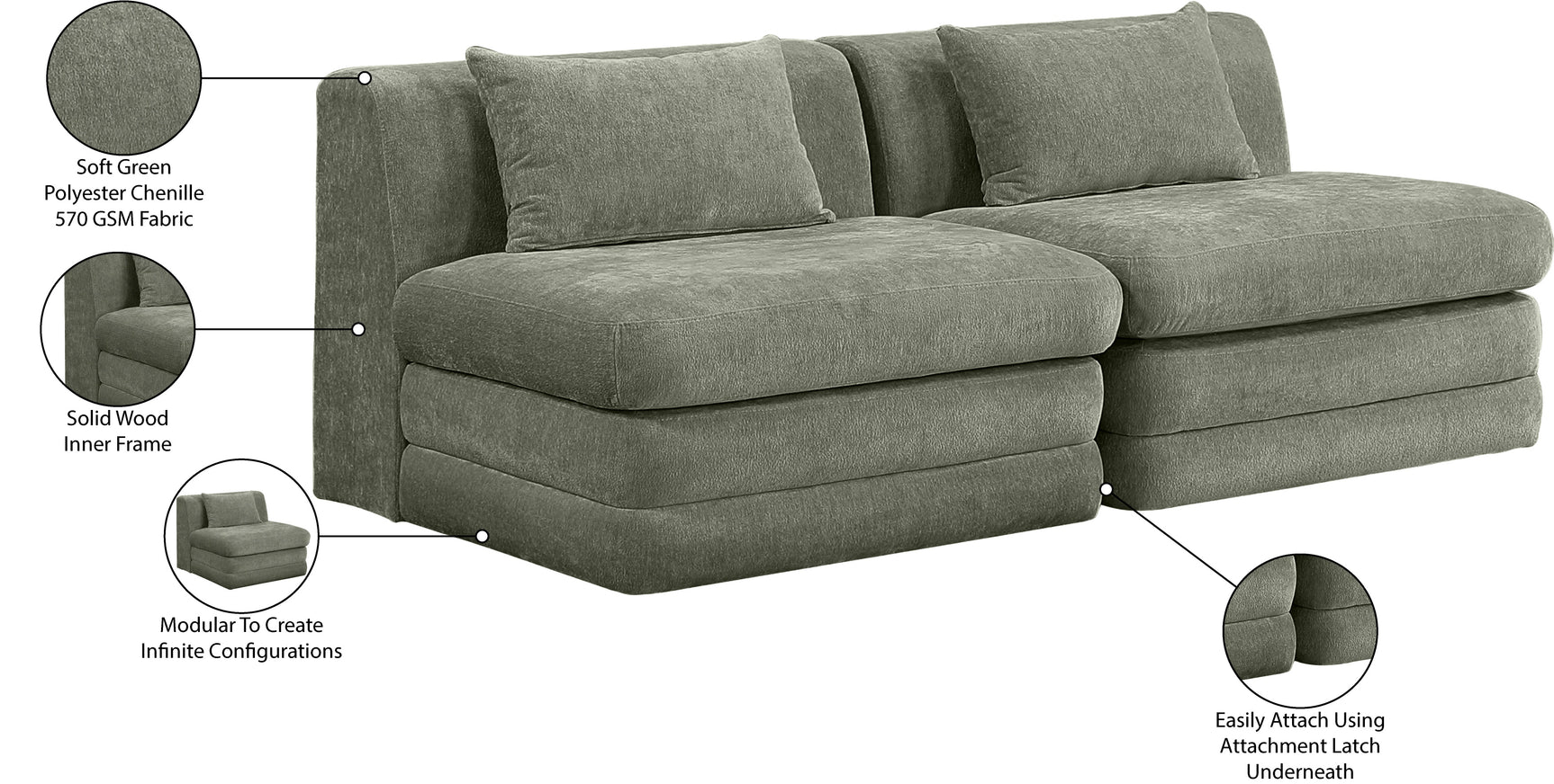 Newport Green 76" Chenille Fabric Upholstered 2-Piece Armless Modular Loveseat - Ornate Home