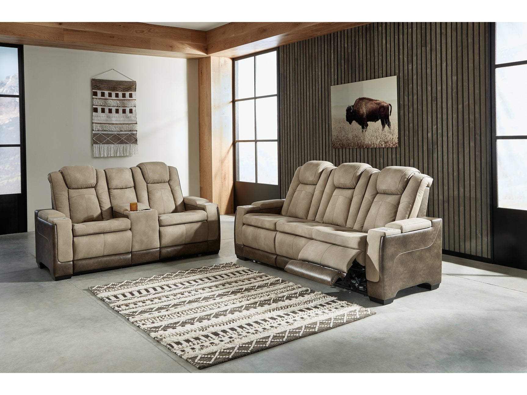 Next-Gen DuraPella Dual Tone Sand Power Reclining Sofa and Loveseat - Ornate Home