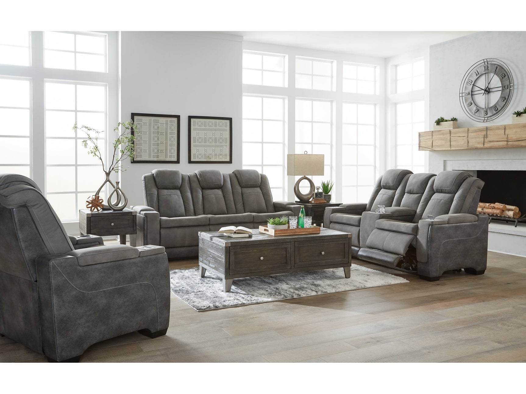 Next-Gen DuraPella Gray Power Reclining Sofa, Loveseat and Recliner Box Arm - Ornate Home