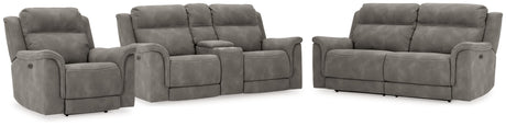 Next-Gen DuraPella Gray Power Reclining Sofa, Loveseat and Recliner Pillow Arm - Ornate Home