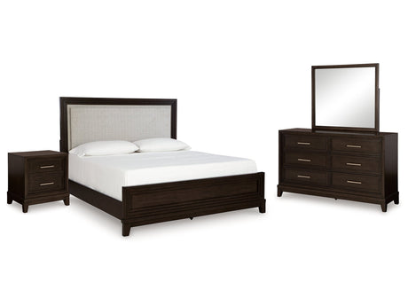 Neymorton Dark Grayish Brown Queen Upholstered Panel Bedroom Set with Dresser, Mirror and Nightstand - Ornate Home
