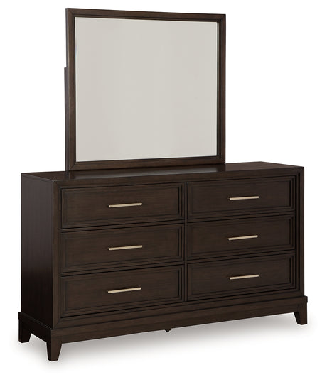 Neymorton Dark Grayish Brown Queen Upholstered Panel Bedroom Set with Dresser, Mirror and Nightstand - Ornate Home