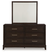 Neymorton Dark Grayish Brown Queen Upholstered Panel Headboard & Dresser & Mirror - Ornate Home