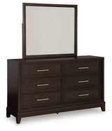 Neymorton Dark Grayish Brown Queen Upholstered Panel Headboard & Dresser & Mirror - Ornate Home