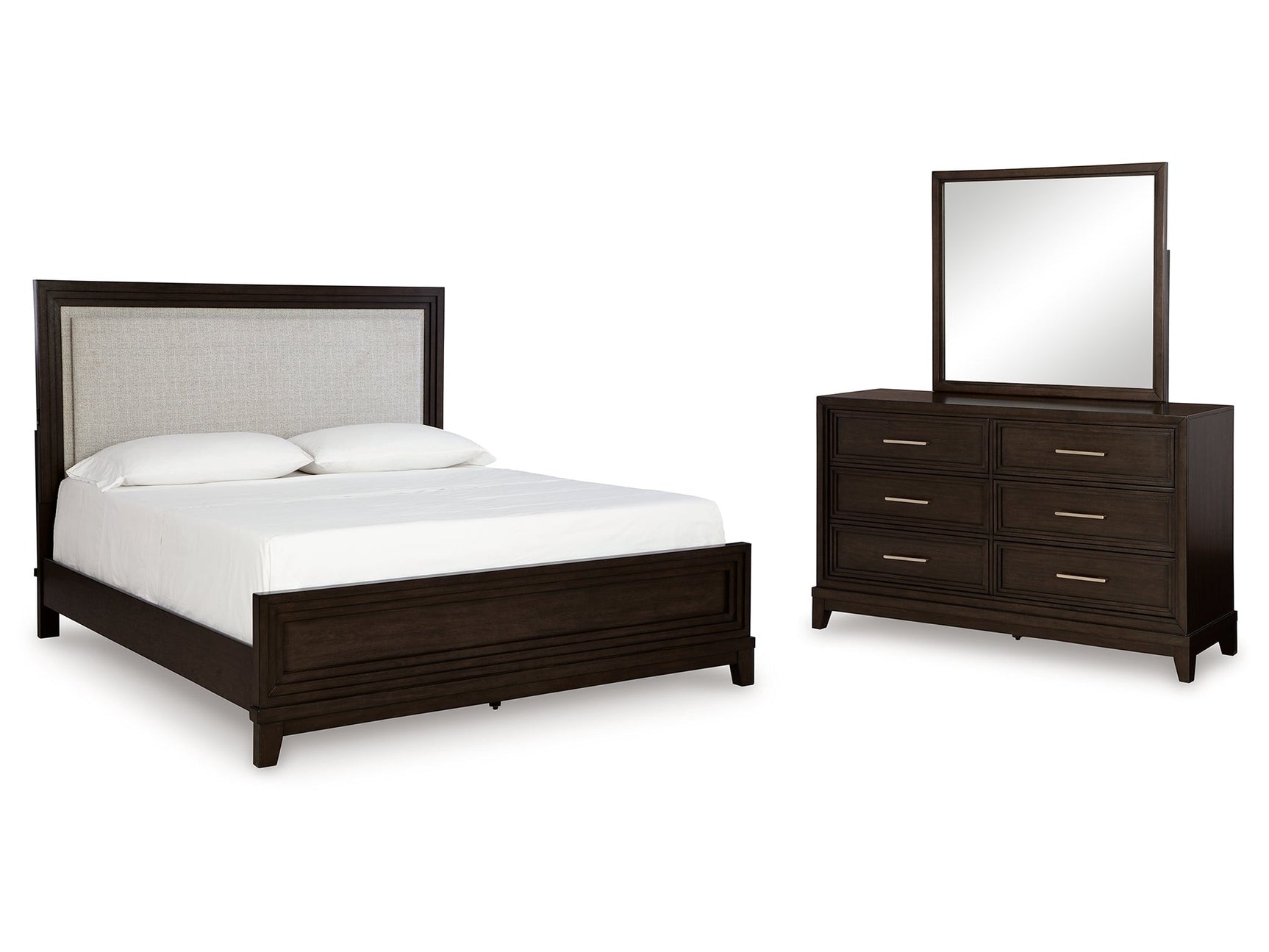 Neymorton King Upholstered Panel Bedroom Set with Dresser and Mirror - Ornate Home