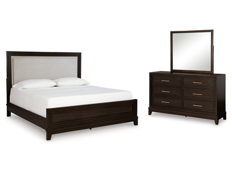 Neymorton Queen Upholstered Panel Bedroom Set with Dresser and Mirror - Ornate Home