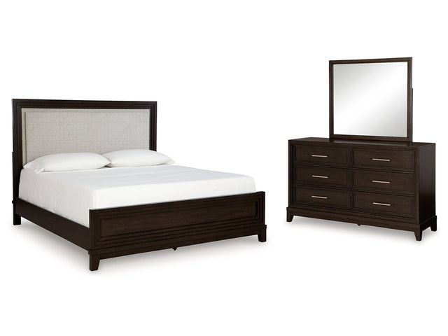 Neymorton Queen Upholstered Panel Bedroom Set with Dresser and Mirror - Ornate Home