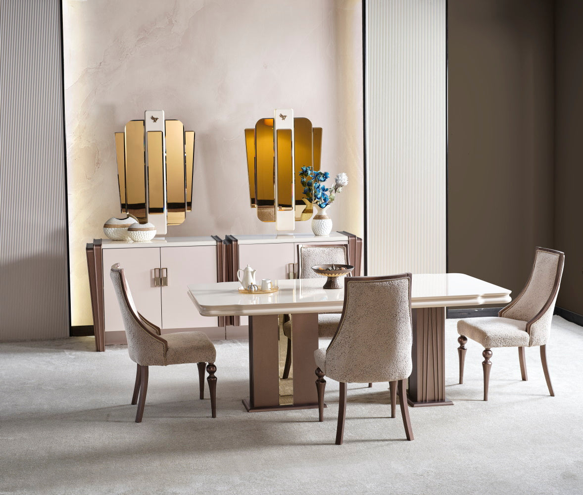 Nirvana Beige Dining Room Set (Consol With Mirror & Dining Table & 6 Dining Chair)