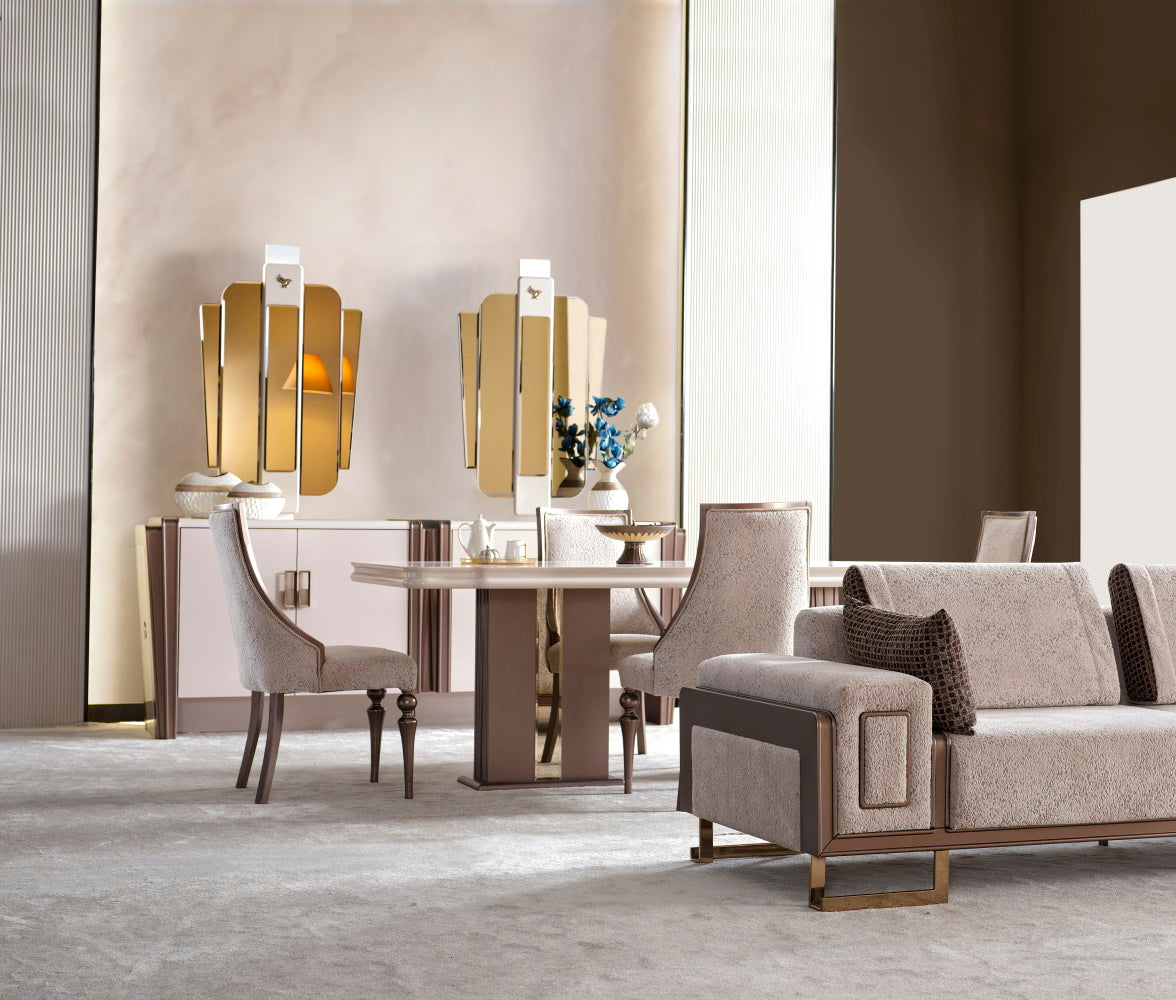 Nirvana Beige Dining Room Set (Consol With Mirror & Dining Table & 6 Dining Chair)