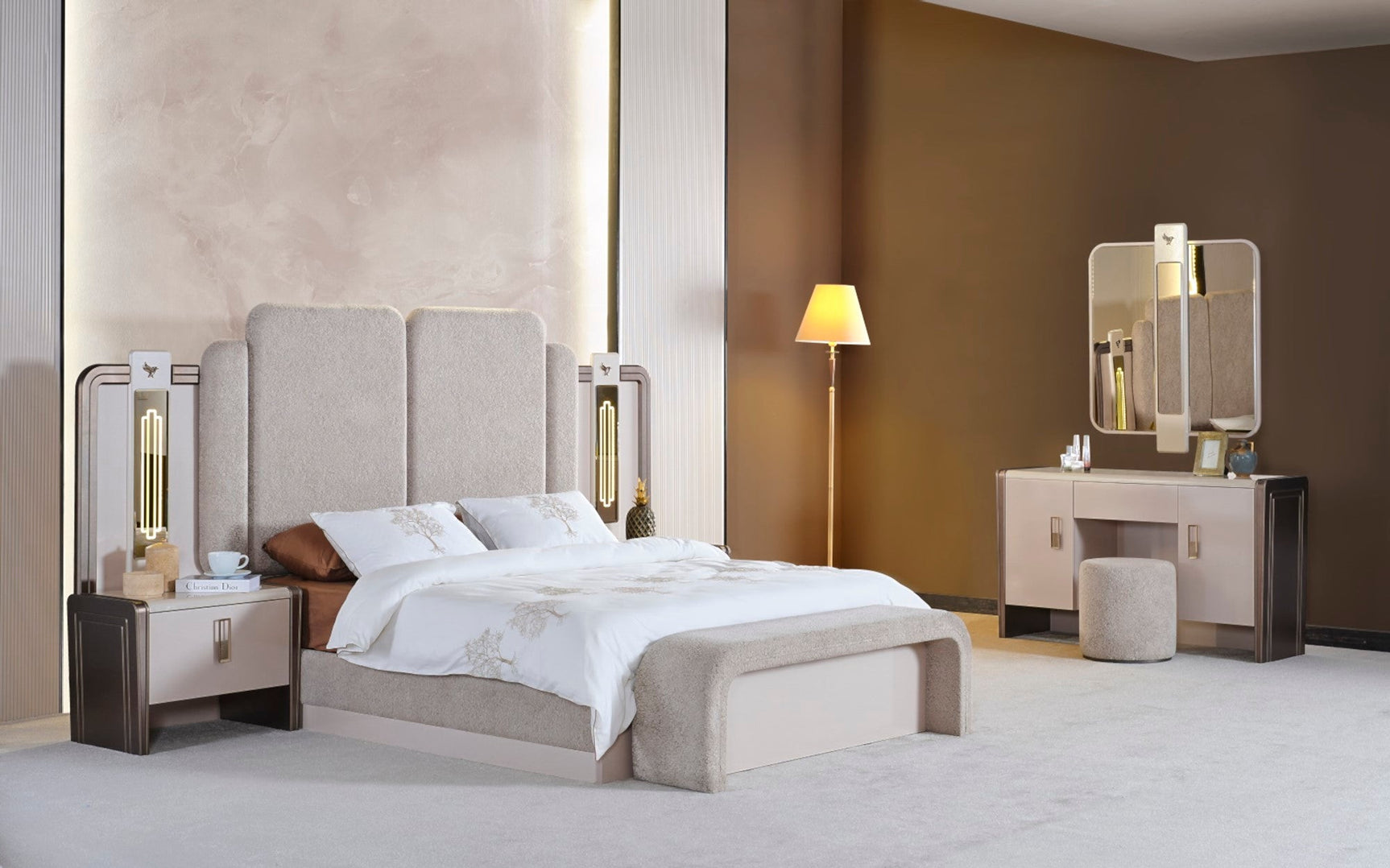 Nirvana Beige Bedroom Set (Queen Bed & Dresser With Mirror & Ottoman & 2 Nightstand With Back )
