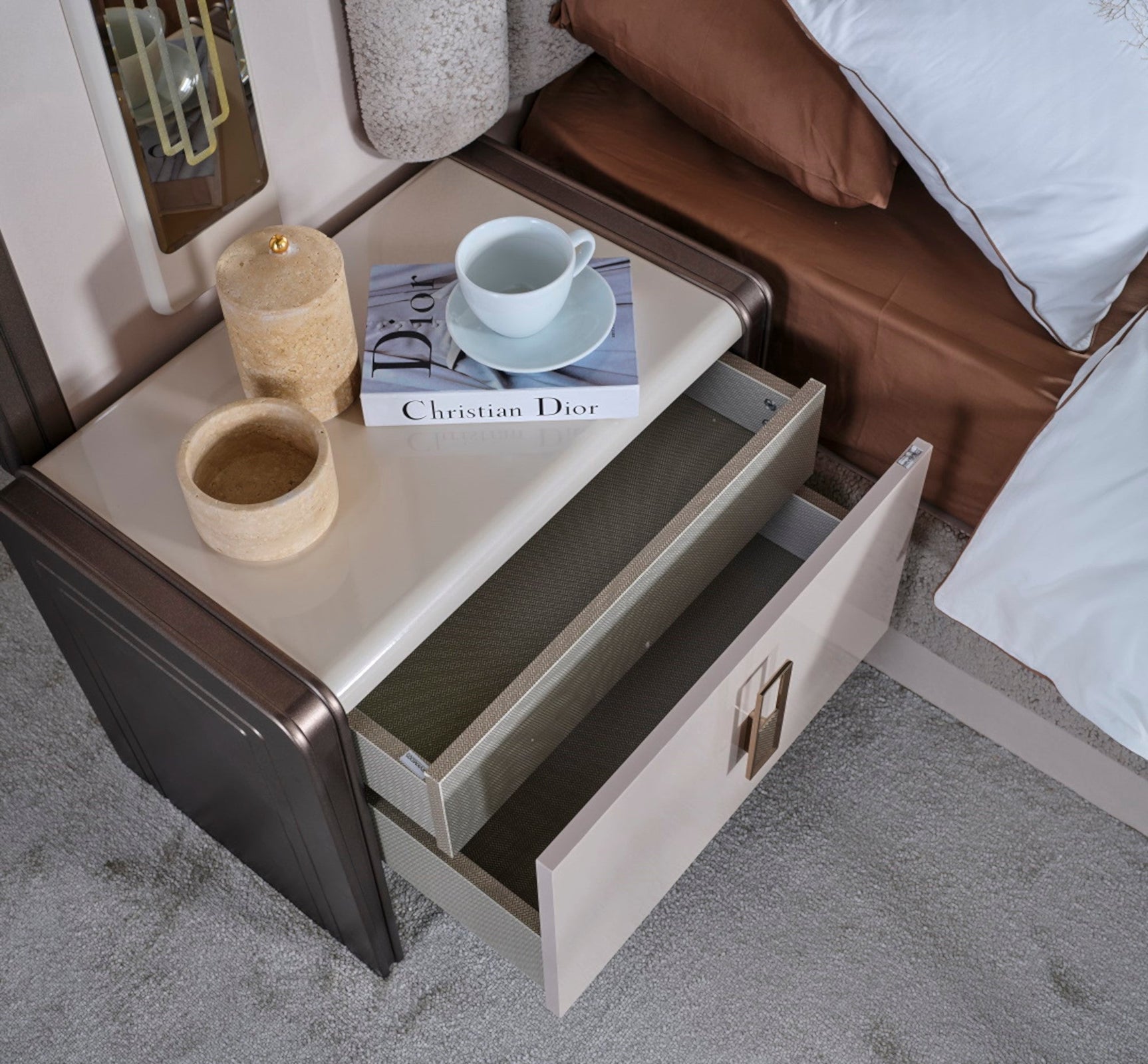Nirvana Beige Bedroom Set (Queen Bed & Dresser With Mirror & Ottoman & 2 Nightstand With Back )