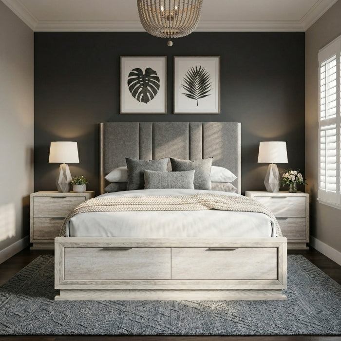 Noctis Beige Queen Platform Bed With Footboard Storage - Ornate Home