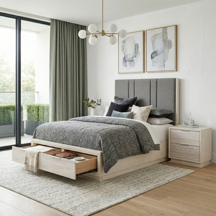 Noctis Beige Queen Platform Bed With Footboard Storage - Ornate Home