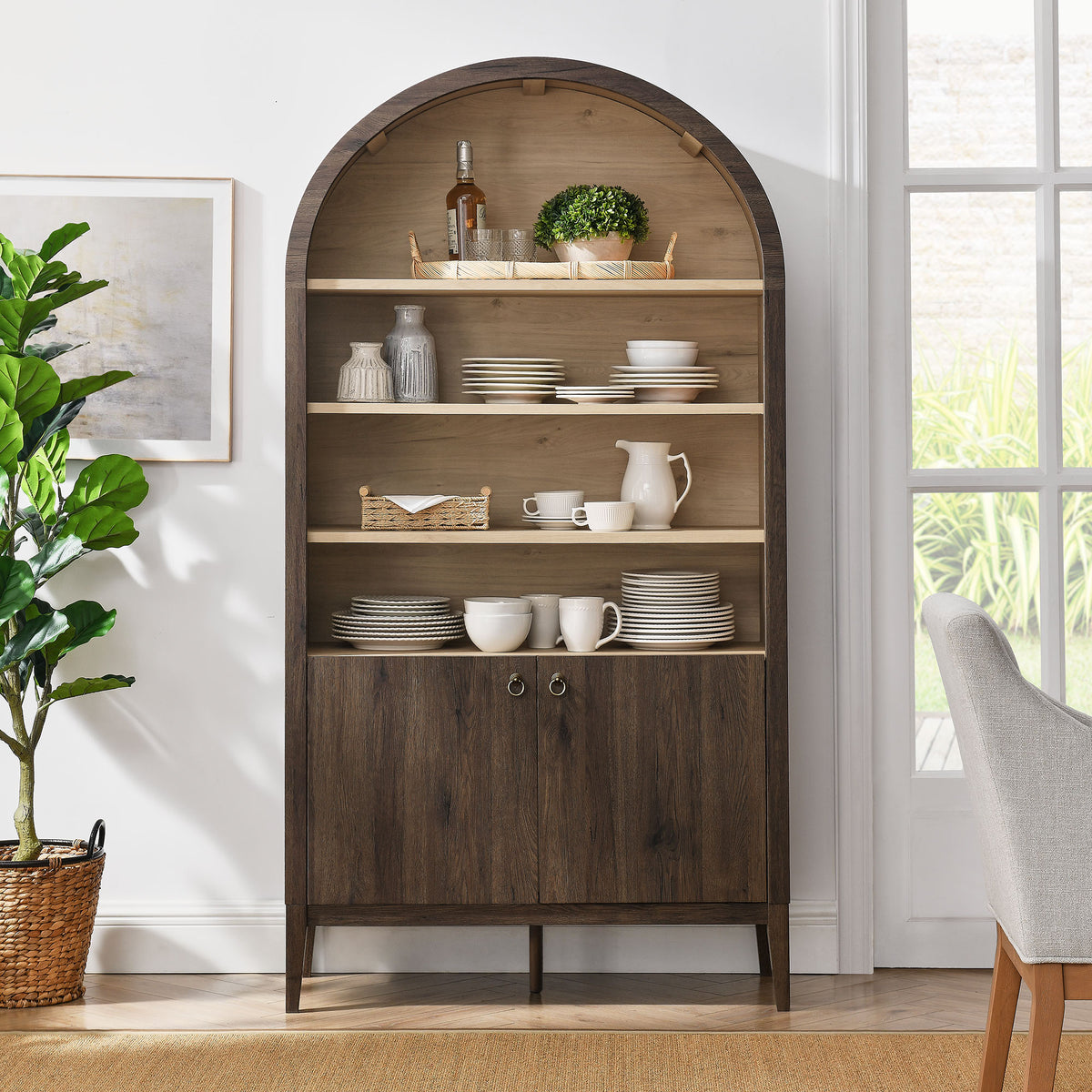 Nolan Dark Walnut 74" Tall Wide Arched Storage Display Cabinet Bookshelf