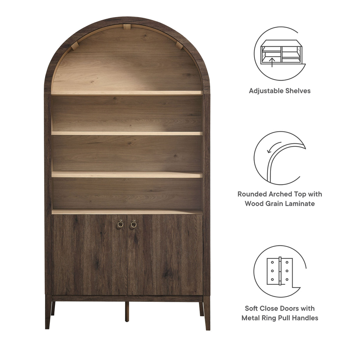 Nolan Dark Walnut 74" Tall Wide Arched Storage Display Cabinet Bookshelf