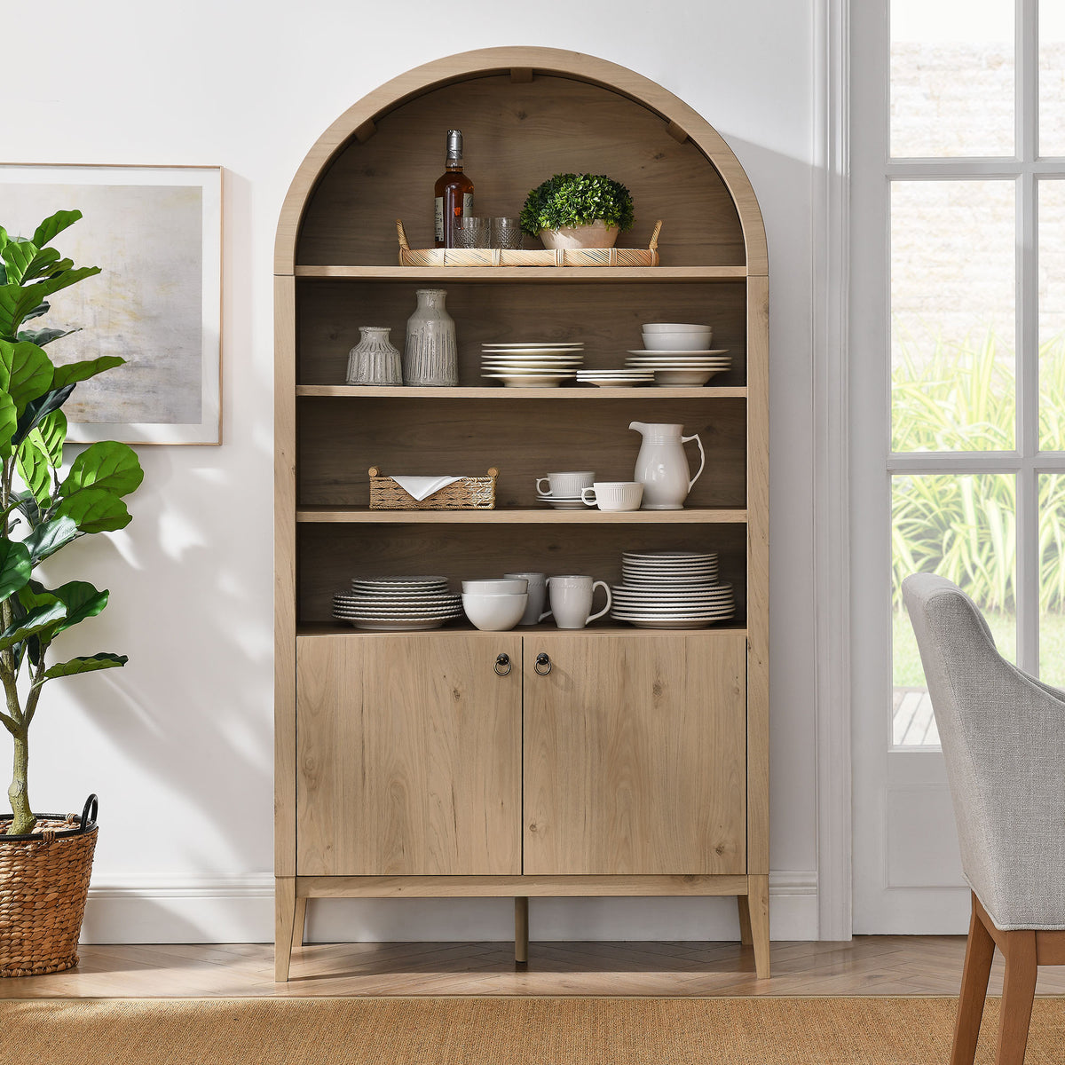 Nolan Light Oak 74" Tall Wide Arched Storage Display Cabinet Bookshelf
