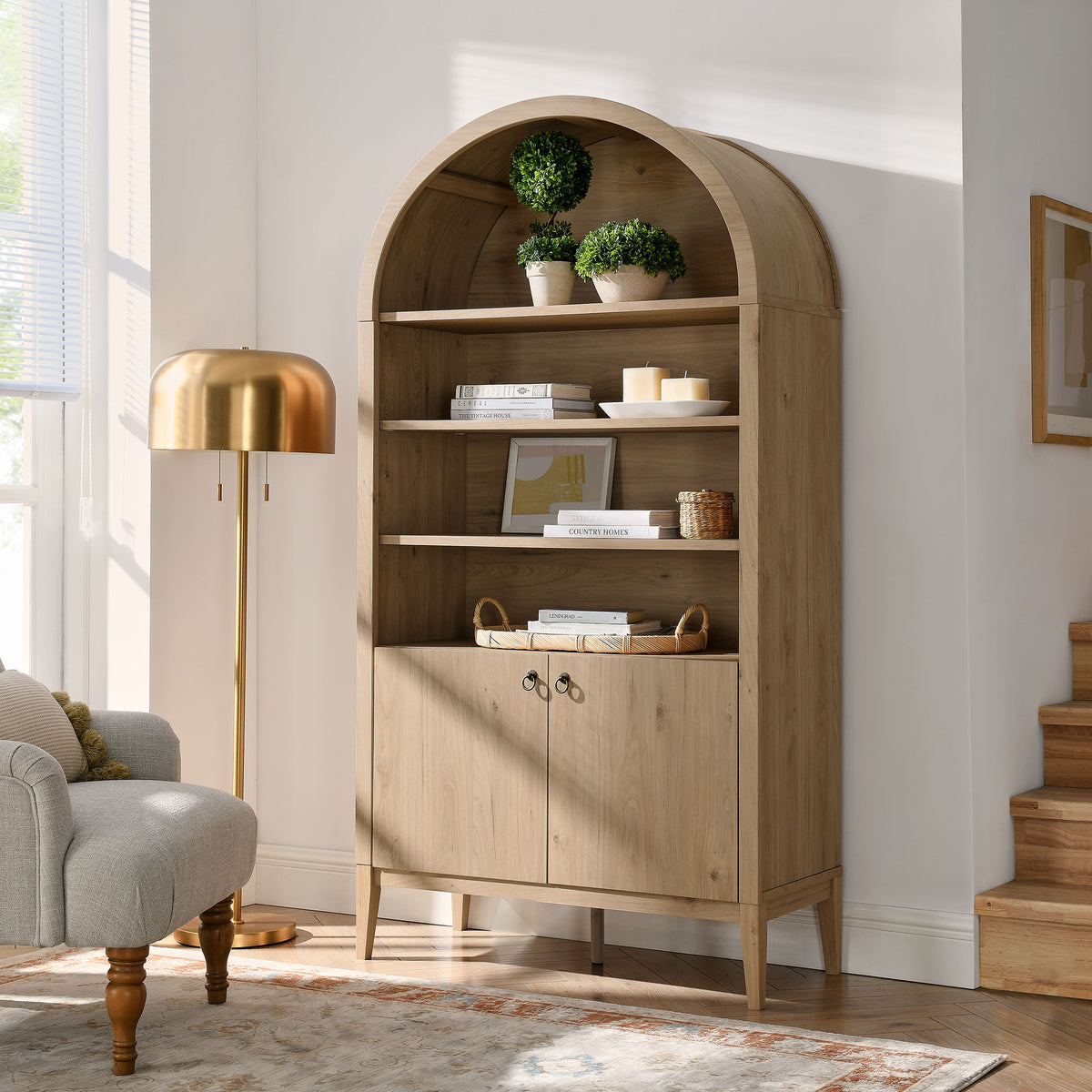 Nolan Light Oak 74" Tall Wide Arched Storage Display Cabinet Bookshelf