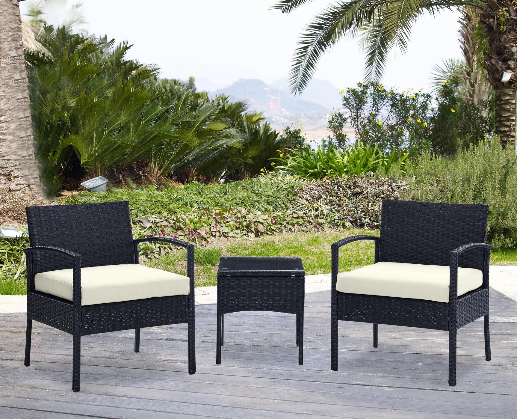 Noli Patio 2-Person Seating Group with End Table with Cream Cushions - Ornate Home