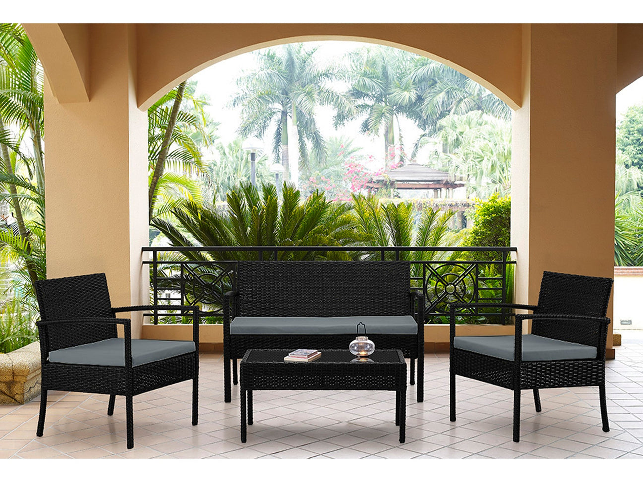 Noli Patio 4-Person Conversation Set with Coffee Table with Grey Cushions - Ornate Home