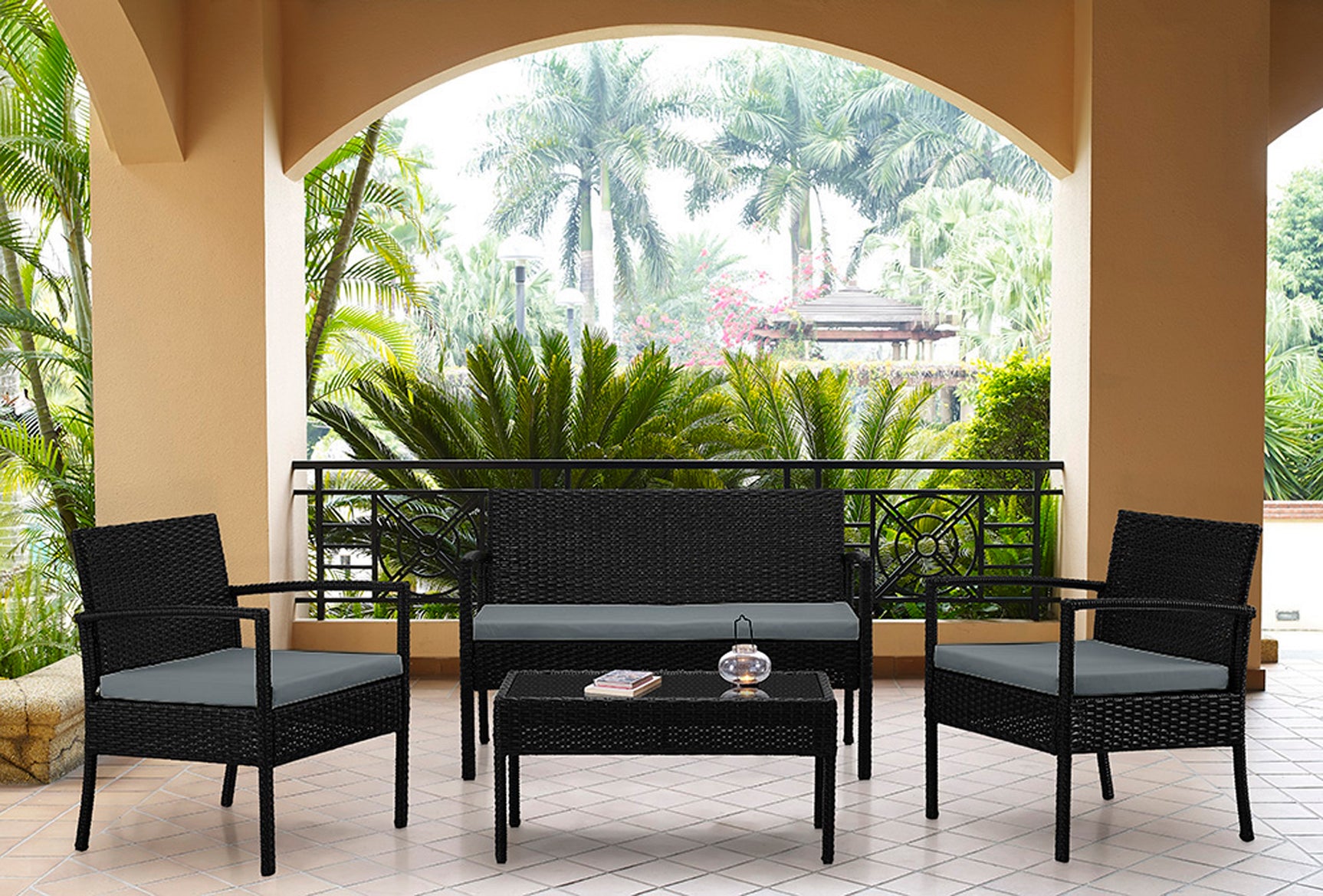 Noli Patio 4-Person Conversation Set with Coffee Table with Grey Cushions - Ornate Home