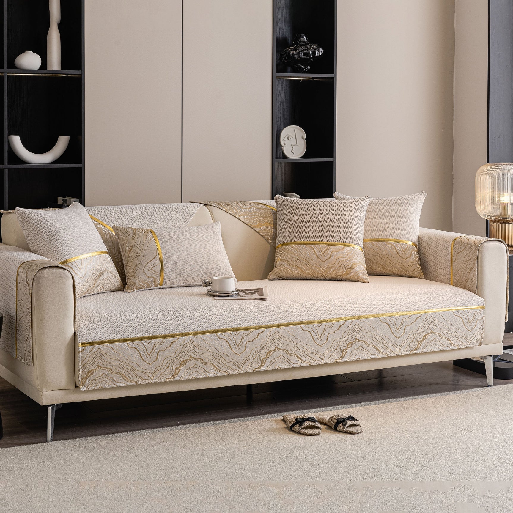 Non-Slip Couch Cover with Gold Trim, Sofa Slipcover for Sectional & Loveseat - Ornate Home