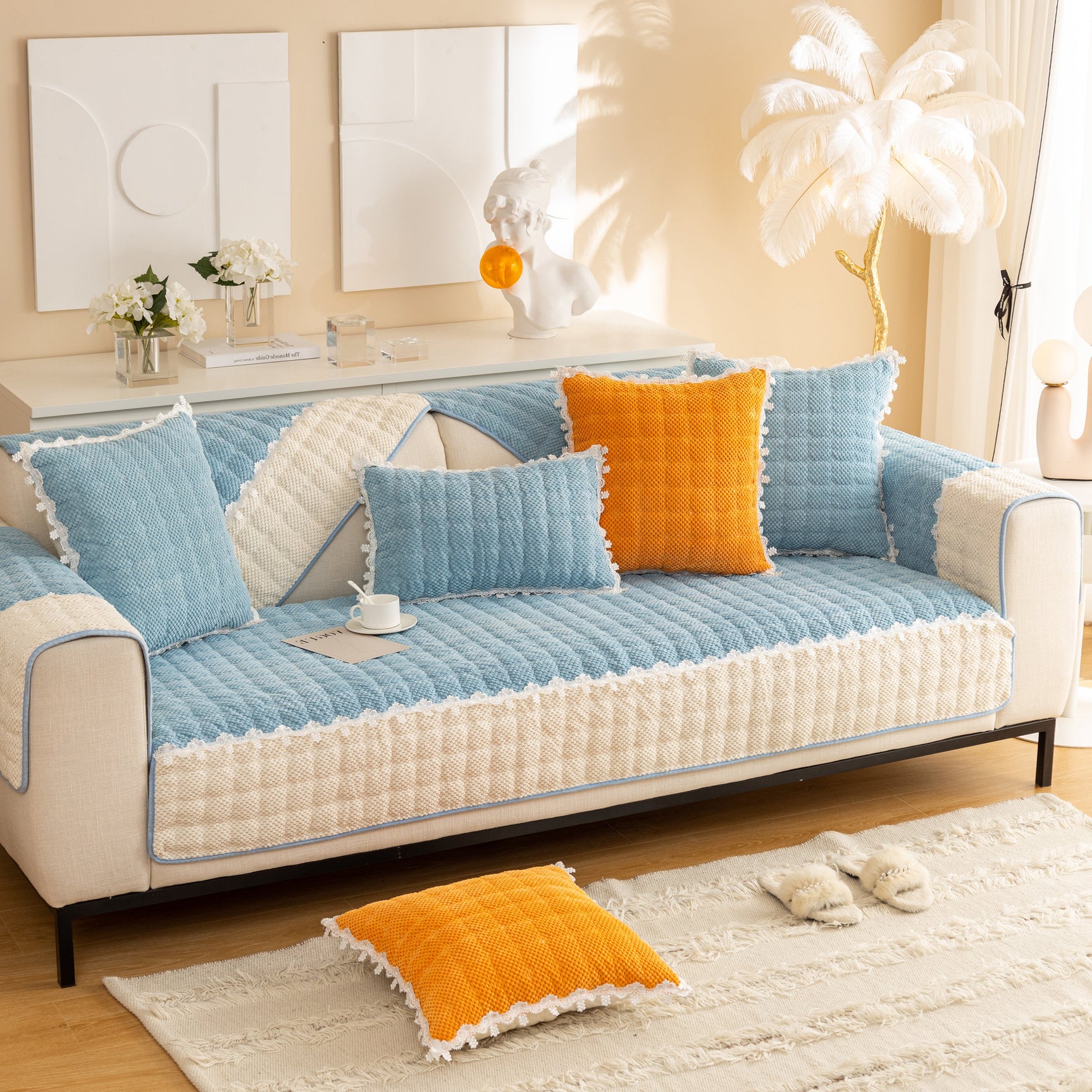 Non-Slip Sectional Couch Cover with Lace, Furniture Protector for Dogs, Pets, and Kids III - Ornate Home