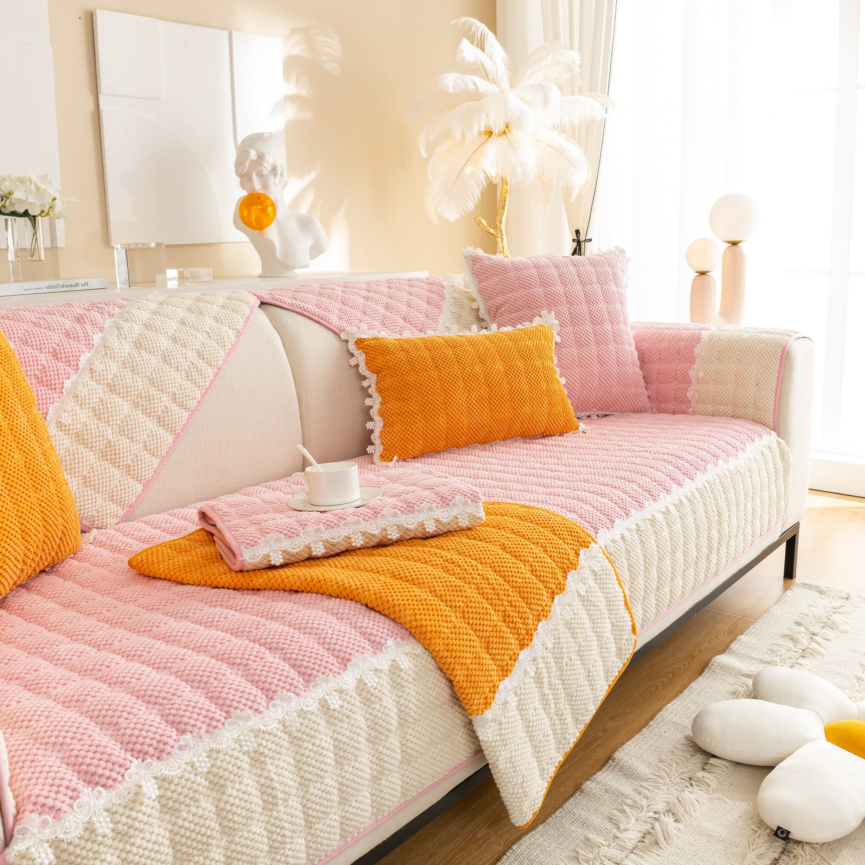 Non-Slip Sectional Couch Cover with Lace, Furniture Protector for Dogs, Pets, and Kids III - Ornate Home