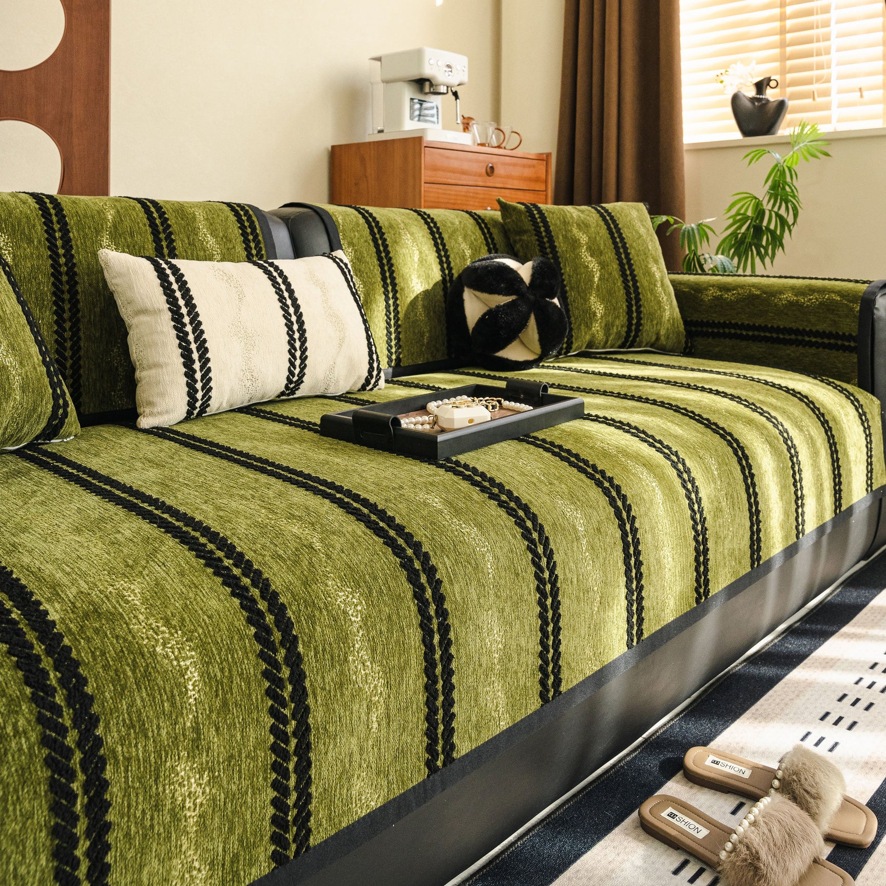 Non-Slip Sofa Cover with Thick Chenille Texture Woven Stripe Couch Protector Throw - Ornate Home