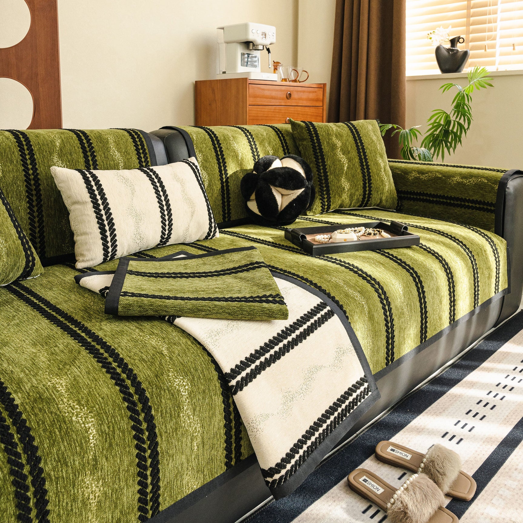 Non-Slip Sofa Cover with Thick Chenille Texture Woven Stripe Couch Protector Throw - Ornate Home