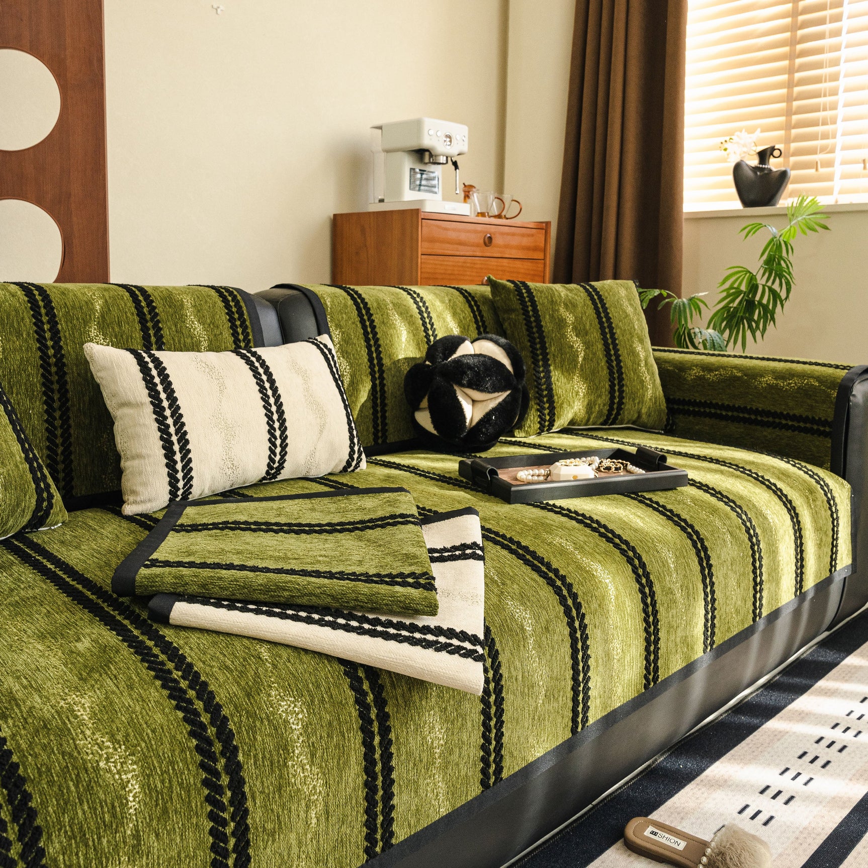 Non-Slip Sofa Cover with Thick Chenille Texture Woven Stripe Couch Protector Throw - Ornate Home