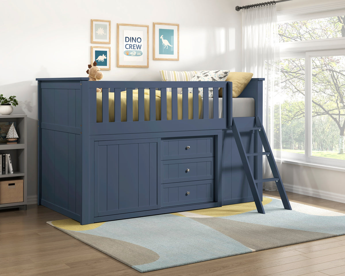 Nora Blue Low Loft Bunk With Bookcase And 2 Dressers - Ornate Home