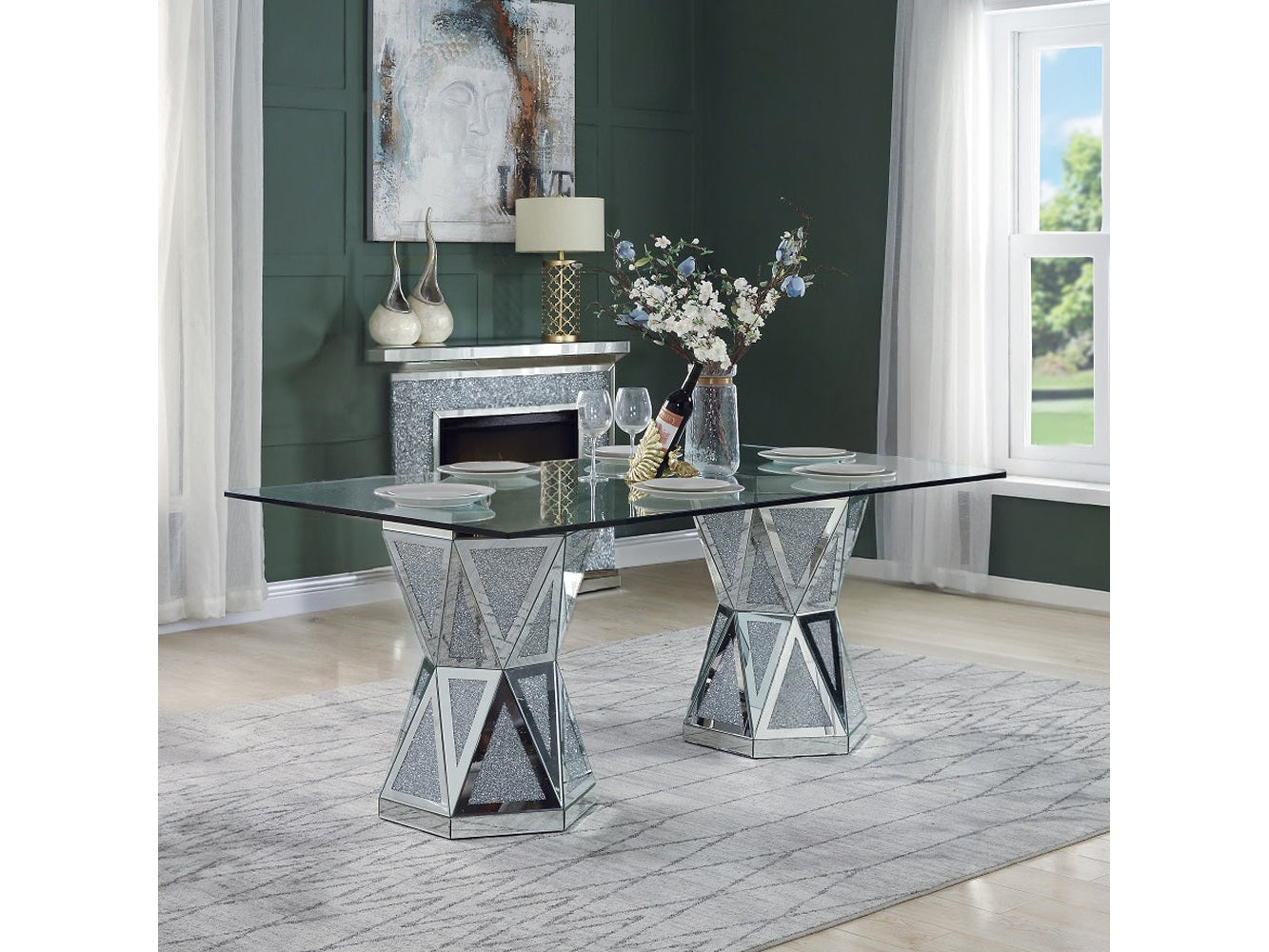 Noralie Glam Dining Table Hourglass Shape Double Base hexagon - Ornate Home