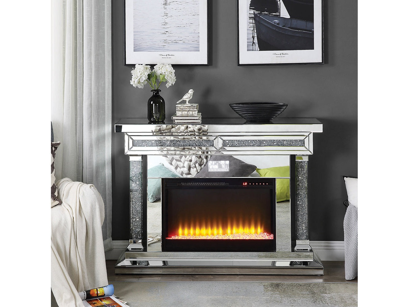 Noralie Mirrored & Faux Crystals Fireplace w/ Insert (47" W) - Ornate Home
