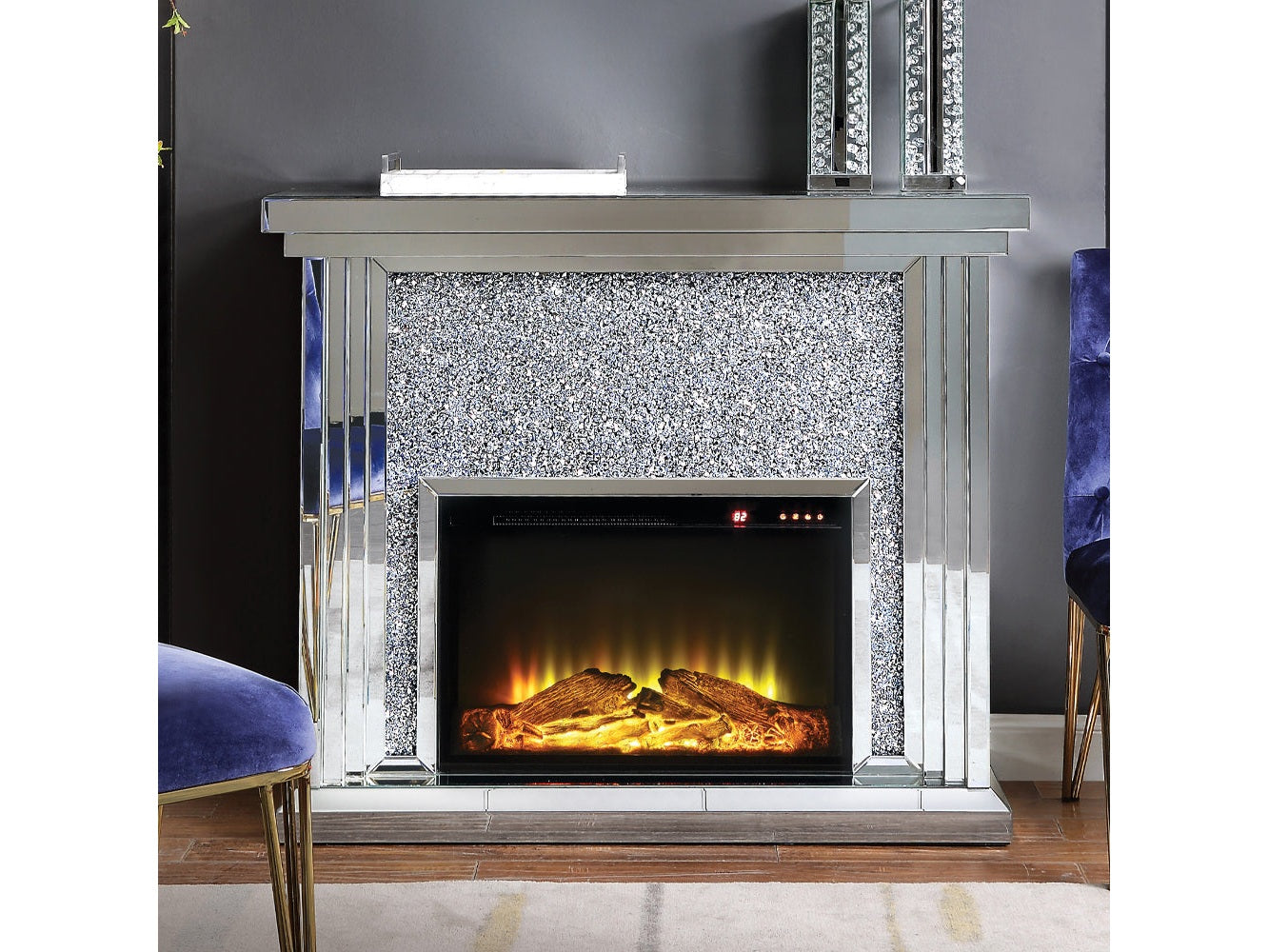 Noralie Mirrored & Faux Diamond Fireplace w/ Insert (47" W) - Ornate Home