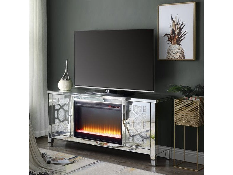 Noralie Mirrored & Faux Diamonds TV Stand w/ Fireplace Insert - Ornate Home