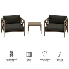Northlake Weathered Gray Flint 3-Piece Outdoor Patio Teak Wood Furniture Set with Armchair and Side Table - Ornate Home