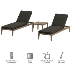 Northlake Weathered Gray Flint 3-Piece Outdoor Patio Teak Wood Furniture Set with Chaise Lounges and Side Table - Ornate Home