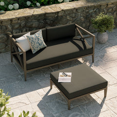 Northlake Weathered Gray Flint Outdoor Patio Teak Wood Loveseat and Ottoman Set - Ornate Home
