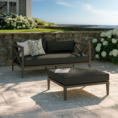 Northlake Weathered Gray Flint Outdoor Patio Teak Wood Loveseat and Ottoman Set - Ornate Home