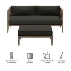 Northlake Weathered Gray Flint Outdoor Patio Teak Wood Loveseat and Ottoman Set - Ornate Home