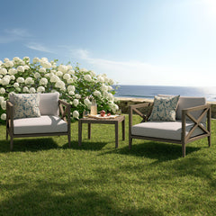 Northlake Weathered Gray/Pebble 3-Piece Outdoor Patio Teak Wood Furniture Set with Armchair and Side Table - Ornate Home