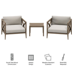 Northlake Weathered Gray/Pebble 3-Piece Outdoor Patio Teak Wood Furniture Set with Armchair and Side Table - Ornate Home