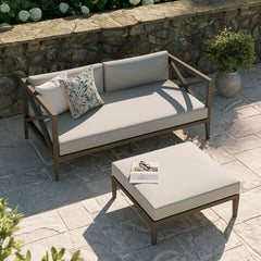 Northlake Weathered Gray/Pebble Outdoor Patio Teak Wood Loveseat and Ottoman Set - Ornate Home