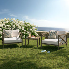 Northlake Weathered Gray/White 3-Piece Outdoor Patio Teak Wood Furniture Set with Armchair and Side Table - Ornate Home